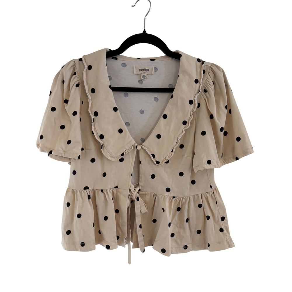 Porridge Anthropologie Polka Dot Peter Pan Collar Peplum Top Beige Black XS